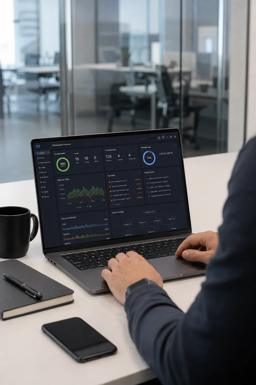 Infrastructure overview dashboard on a laptop in an office